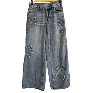 High Waist Star Denim Wide Leg Jeans Blue 24" Wide Leg Fray Y2K Skater Grunge